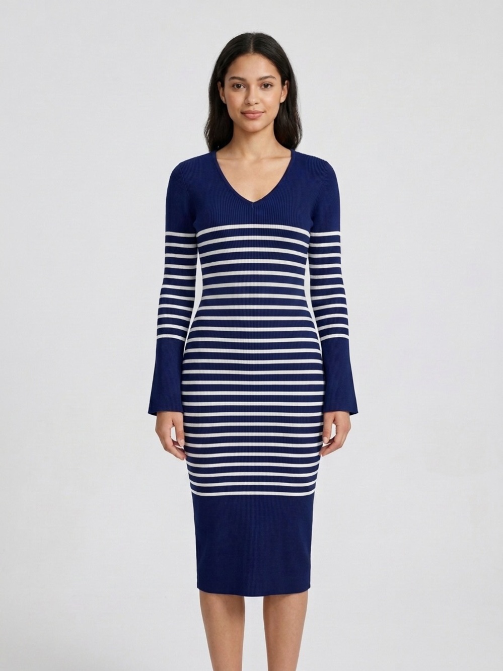 Navy and White Striped V-Neck Long Sleeve Knit Dress